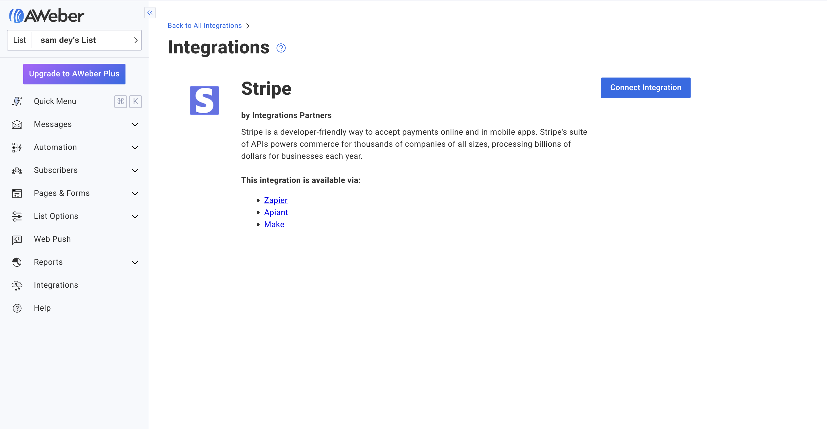A screenshot of Aweber and Stripe integration to explain that email marketing is what a good website will use.