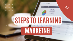 An image of a computer with analytics on screen and overlay text that reads 'learn digital marketing step by step'